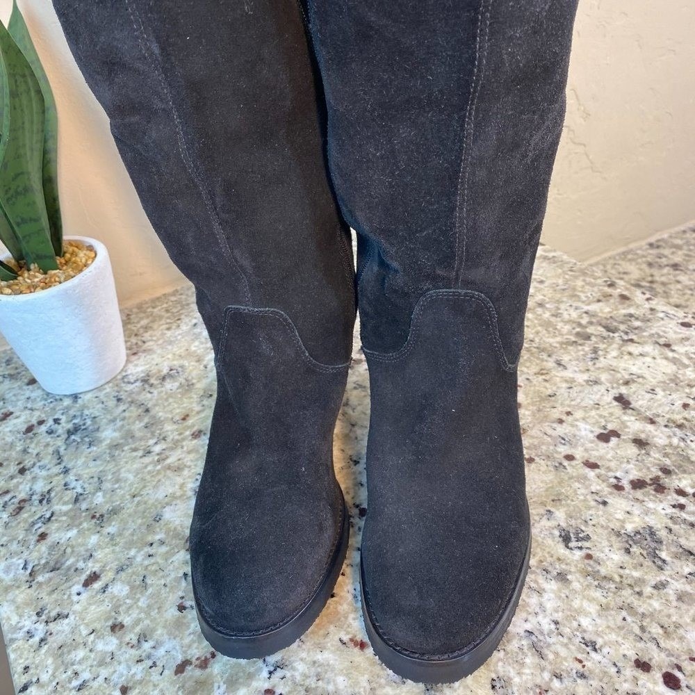 Womens Black Suede Over The Knee‎ Boots Lace Up Back Block Heel Size 8 - Picture 6 of 6